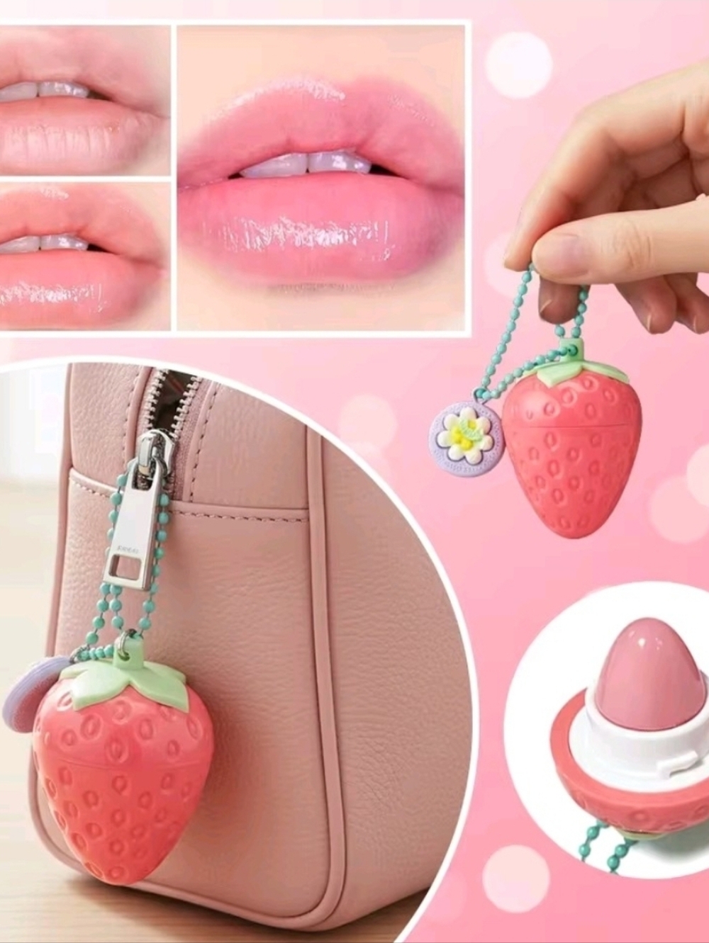 Handmade Strawberry Lip Balm Gloss Keychain Bag Charm Accessory - Picture 9 of 9